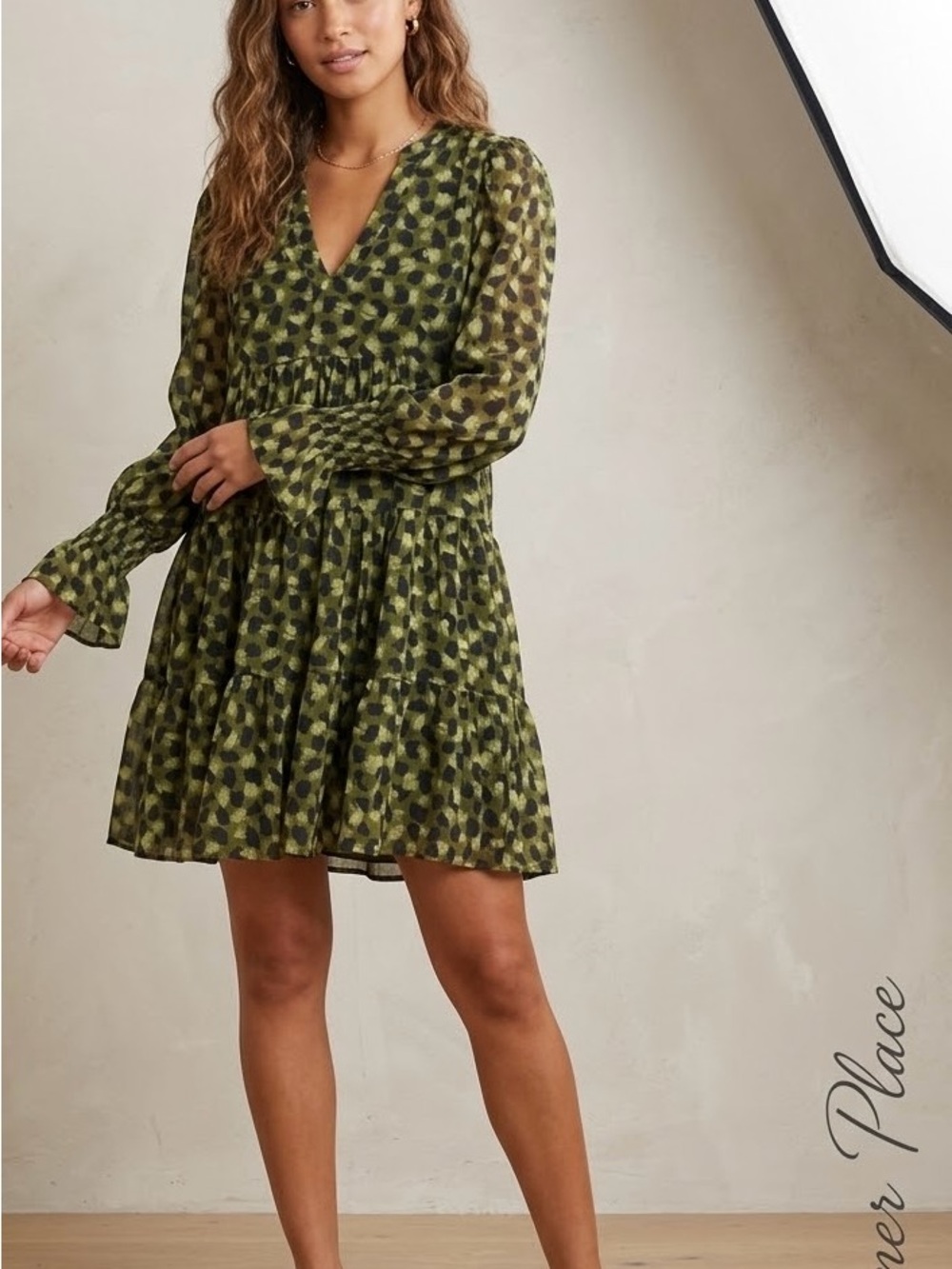 Pomander Place Women's Olive Green Printed V-Neck Tiered Dress